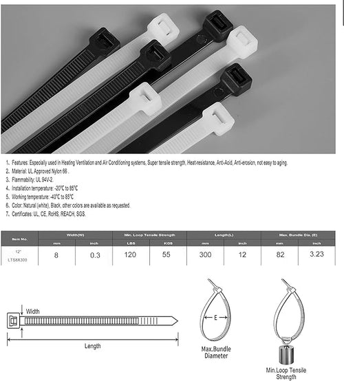 12-Inch Heavy-Duty Nylon Zip Ties, 100-Pack – 120lb Tensile Strength, Secure & Reliable for Industrial, DIY, Workshop, and Travel (Black/White) by LANGTSA