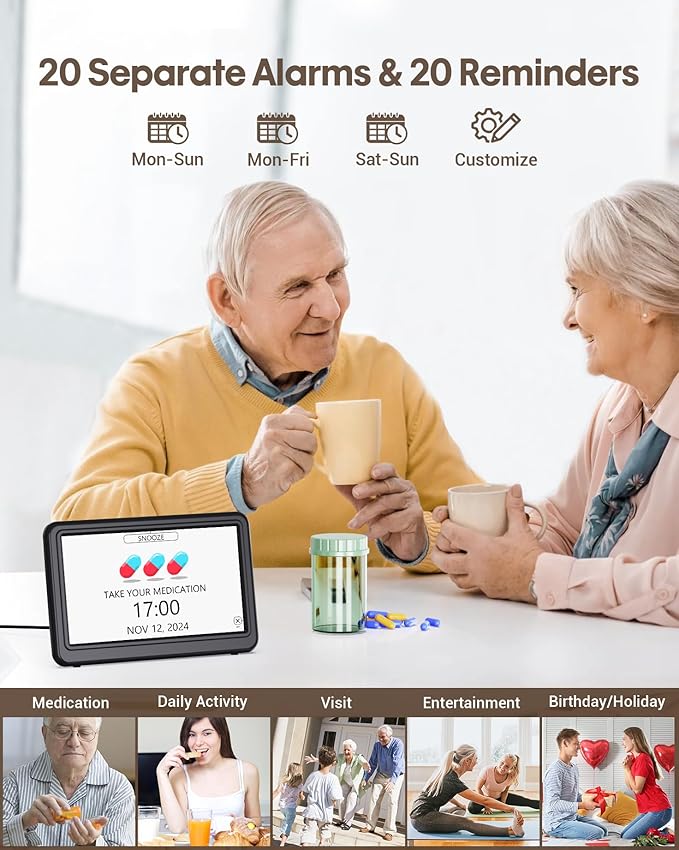 Clock with Day and Date for Elderly, 7" Large Display Digital Calendar Day Clock with 20 Custom Alarms and Medicine Reminders, 12 Display Modes, Dimmable Dementia Alzheimers Clocks for Seniors
