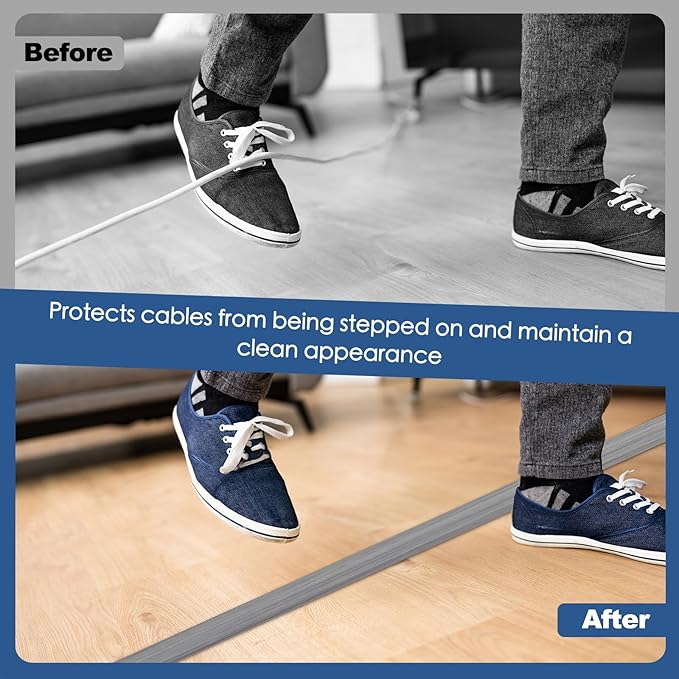 Floor Cord Cover for Wires on Floor Self Adhesive Cord Hider Floor Cable Management Wire Covers for Cords Protector Prevent Cable Trips Cord Cavity W 0.32" x H 0.32", Gray Wood, 3.3Ft