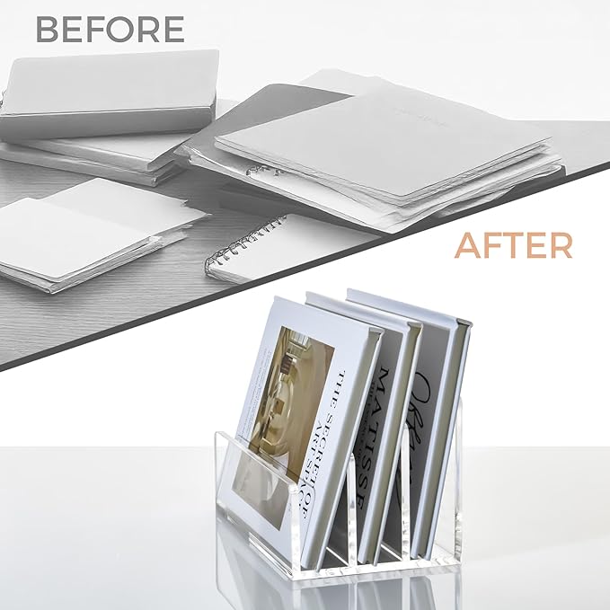 3 Compartments Clear Acrylic Mail Holder – Vertical Letter Sorter & Multifunction Desk Organizer for Bills, Documents, Notebooks – Modern Office/Home Envelope File Rack