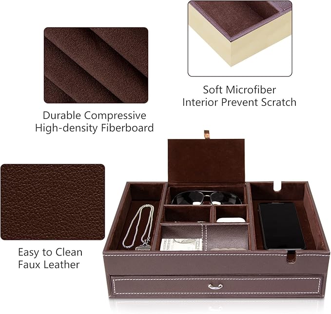 Baoyun Valet Tray for Men, 2 Layers Nightstand Organizers for Men and Women, Leather Jewelry Storage Box, Mens Dresser Top Organizer, Catch All for Jewelry Key Wallet and Phone (Brown)