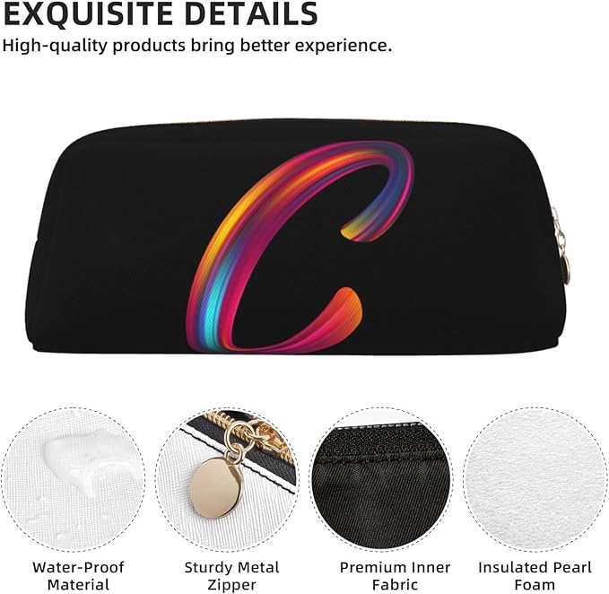 Cute Initial Pencil Case for Kids Simple Leather Pencil Pouch for Boys Girls Letter Design Pencil Box Pen Bag Pencil Pouch Office Stationery Organizer, Rainbow Letter C