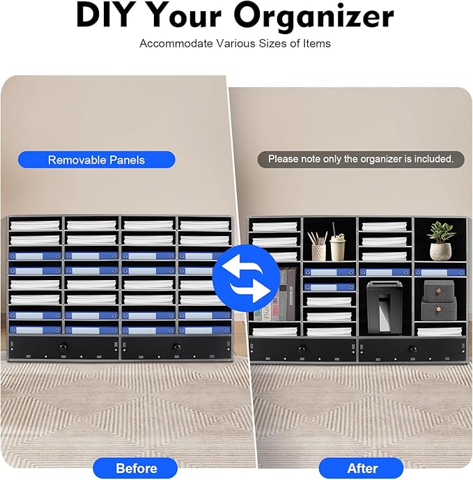 DYRABREST 32 Slot Literature Organizer Adjustable Desktop File Sorter with 2 Drawers, Stackable Office Mail Sorter 32 Compartments Magazine Holder Paper Storage Cabinet for Office Home School