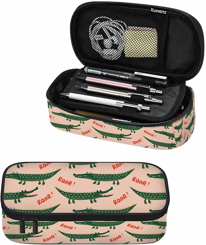 Crocodiles Pencil Bag Cute Cartoon Animal Roar Green Big Capacity Pencil Case Pencil Pouch Pen Bag for Teen Men Women