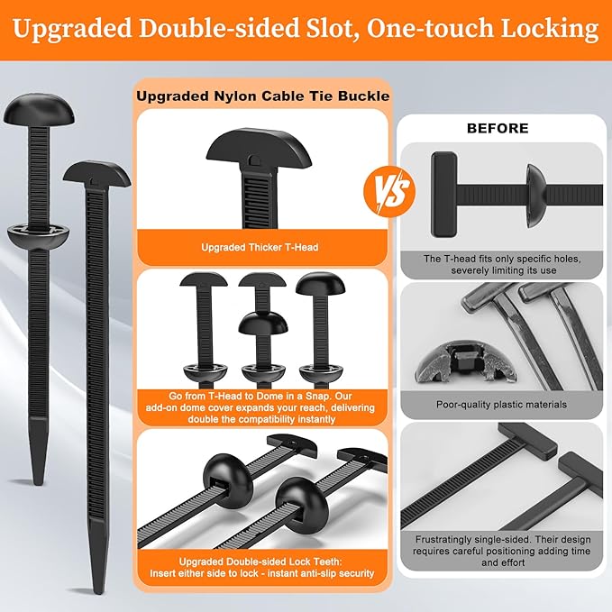 Coopache Nylon Universal Cable Tie Buckle for Car Heavy Duty, Upgraded Automotive Zipper Clips, Strap Style Fender Zip Ties Fasteners, Top Movable Dome (Black 150 PCS)