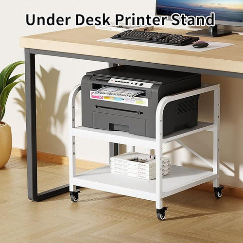 20 Inches Large White Printer Stand, 2-Tier Under Desk Printer Table with Height Adjustable Shelf, Rolling Printer Cart with Industrial Wheels for Home Office (White)
