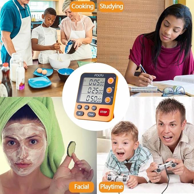 FCXJTU Digital Dual Triple Kitchen Timer, 3-Channel Magnetic Countdown Timer for Cooking, Large Display Stopwatch Multi Food Classroom Timer Loud Alarm for Seniors Teachers Battery Included (Orange)