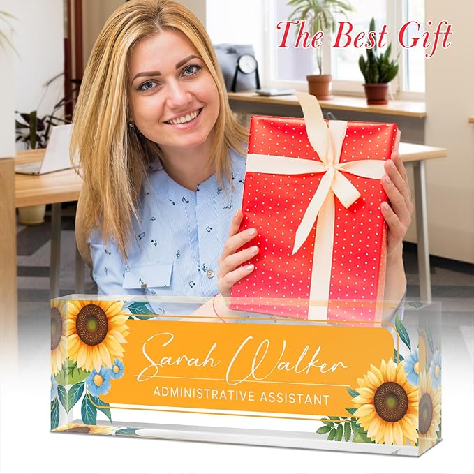 Custom Name Plate for Desk - Desk Name Plate Personalized - Office Desk Accessories - Employee Teacher Appreciation Gifts for Coworkers - Acrylic Sunflowers Office Desk Decor - Office Gifts for Women