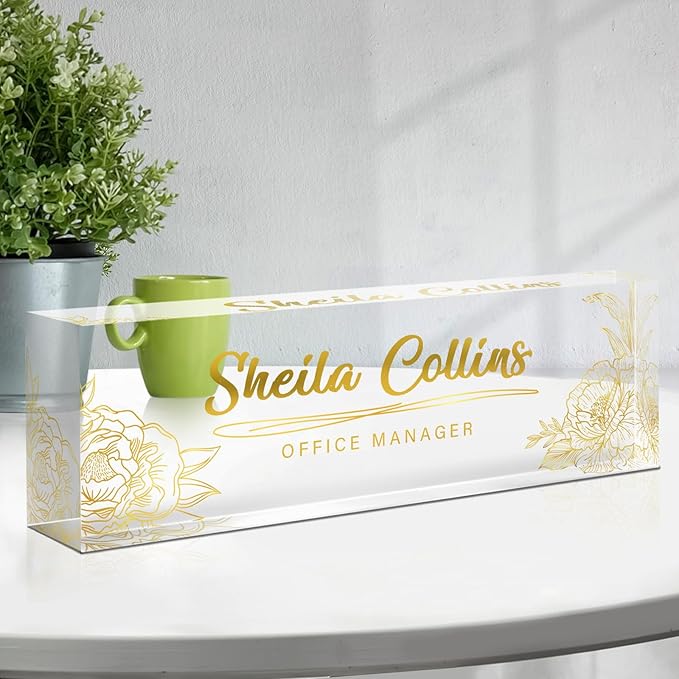 Custom Acrylic Name Plate for Desk, Employee Appreciation Gifts, Office Decor, Personalized with Gold Flowers