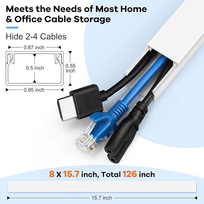 126in Cord Hider Kit, ZhiYo Cord Covers for Wall Mounted TV, Paintable Wire Cover for Cords, TV Cable Hider Wall Kit, Cable Cover Wire Management, White Cord Concealer, 8 x L15.7in W0.95in H0.55in