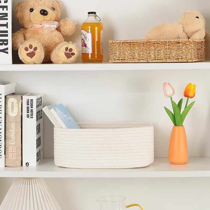 Small Storage Baskets for Organizing | Closet Organizer Bins | Shelf Toy Basket | Woven Rope Baskets | Cube Decorative Box | Shallow Basket | 11.5x7.5x4.7” | 3 Packs Off White