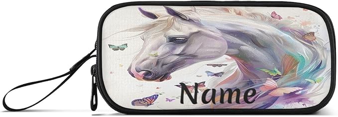 Custom White Horse Butterflies Pencil Case Box Boys Girls Personalized Name Large Pencil Pouch Stationery Pen Bag Organizer for Kids Adults School Office