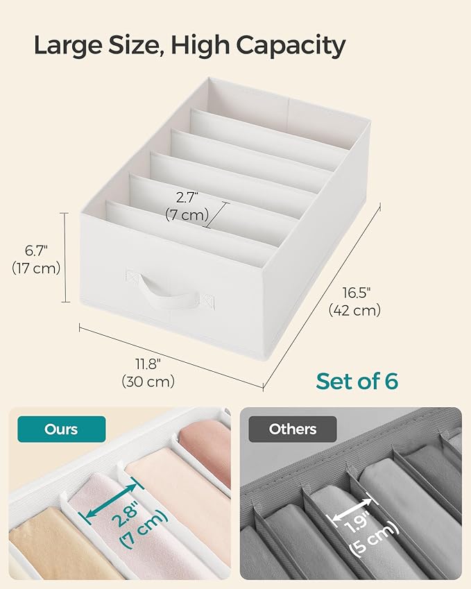 SONGMICS Set of 6 Large Size Wardrobe Clothes Organizers, 6-Compartment Foldable Drawer Organizers with Handles, 16.5 x 11.8 x 6.7 Inches, for Pants, Sweaters, Jeans, Cloud White URUS009W03