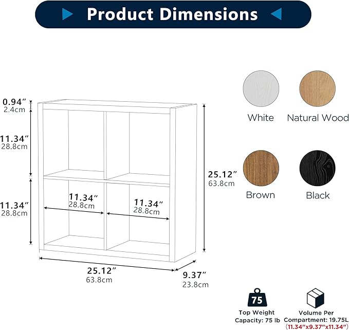 4 Cube Storage Organizer, 2x2 Cube Bookshelf, Cubby Storage Shelf, Wooden Organizer Shelf with Thickened Boards, for Closet Bedroom Home Office Living Room, 25.12" L x 9.37" W x 25.12" H, Brown
