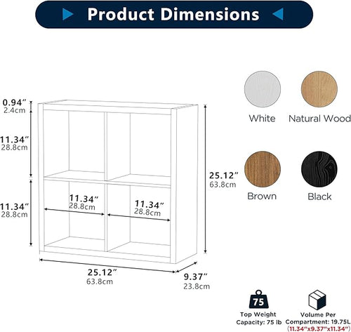 4 Cube Storage Organizer, 2x2 Cube Bookshelf, Cubby Storage Shelf, Wooden Organizer Shelf with Thickened Boards, for Closet Bedroom Home Office Living Room, 25.12" L x 9.37" W x 25.12" H, Black