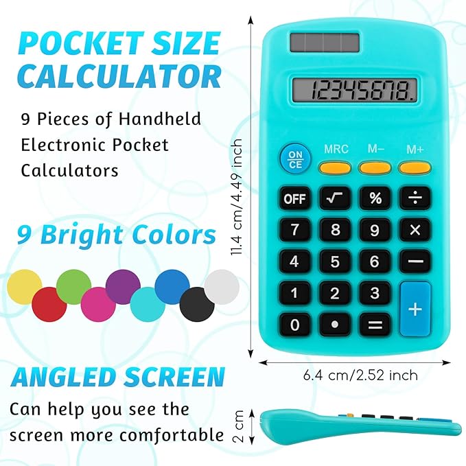 9 Pieces Bulk Pocket Size Student Function Calculator Mini Colorful Basic Solar Battery Calculator for Christmas Student School Gifts Home Office Desktop Accounting Tools