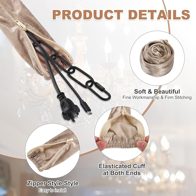 PATIKIL 3.3ft Chandelier Chain Cord Cover, 2 Pcs Velvet Cloth Fabric Chain Sleeve Decorative Cord Covers for Chandelier Wires Swing Cable, Zipper Style, Beige