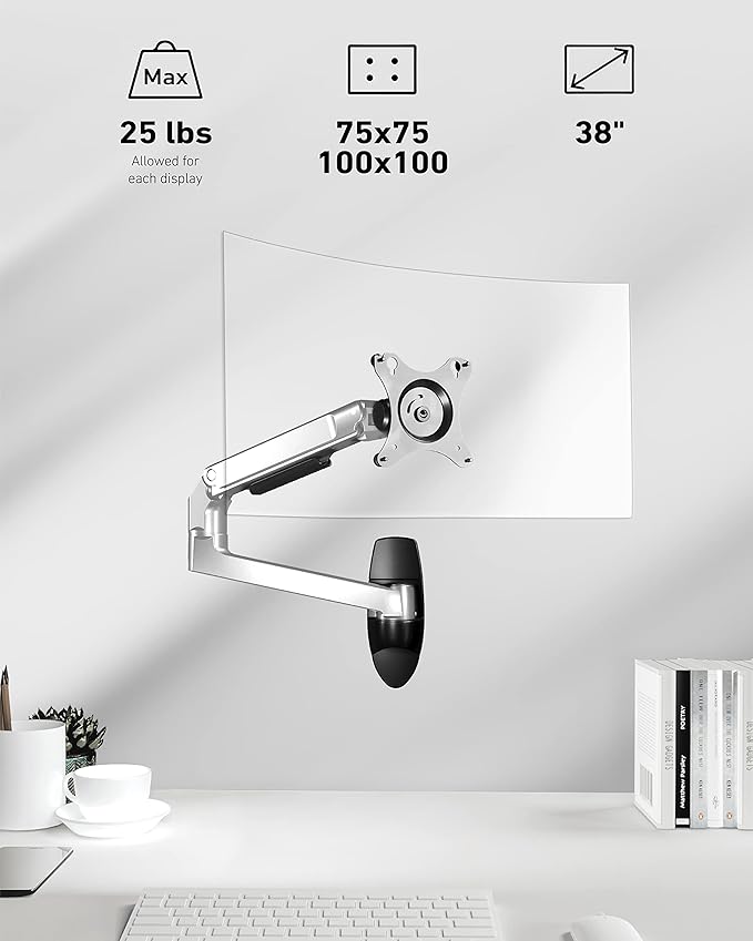 Monitor Wall Mount for Flat or Curved Screens up to 38" Within 25 lbs, Full Motion Adjustable Monitor Arm Wall Mount with Cable Management, VESA 75x75/100x100mm, Silver