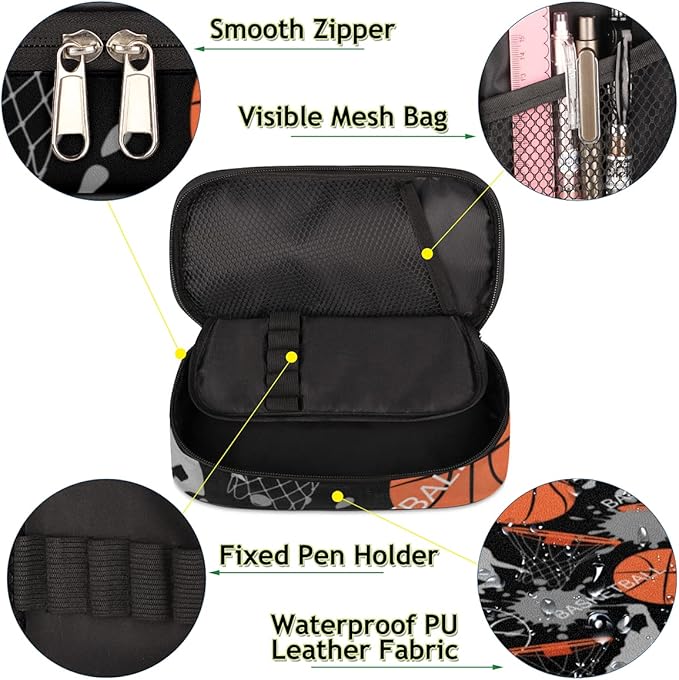 Pardick Sport Basketball Big Capacity Pencil Pen Case Basketball Print Large Pencil Pouch with Zipper Compartments Pencil Bag for Boys Girls Adults Student Office School Supplies
