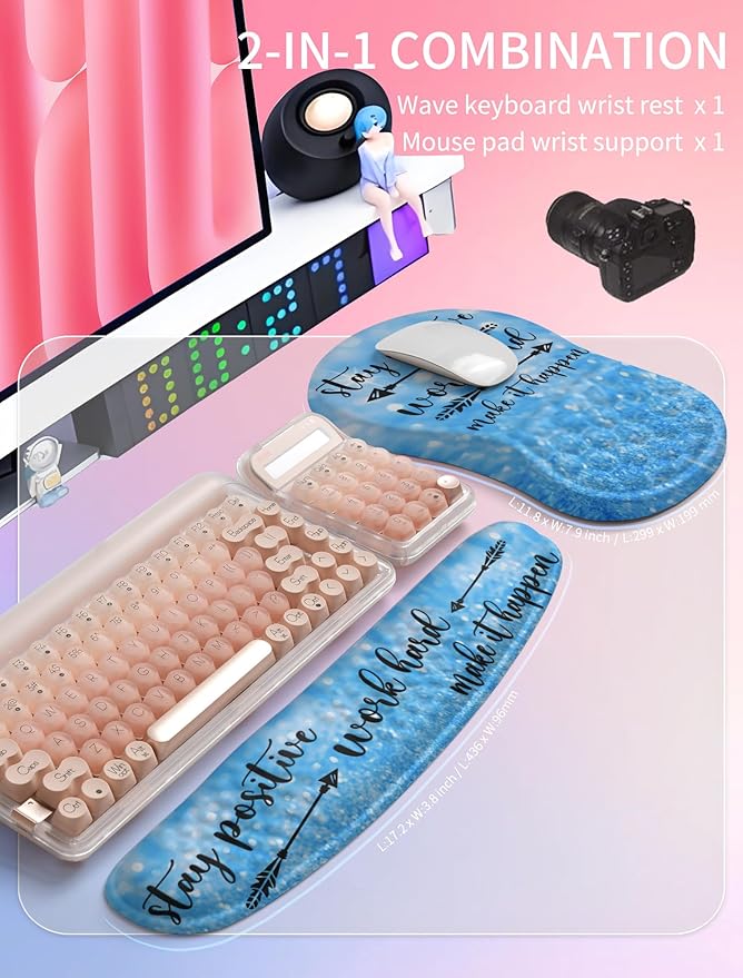Hokafenle 2in1 Combination, Wave Keyboard Wrist Rest and Ergonomic Curvature Mouse Pad Wrist Support for Relieve Wrist Pain, Filled with Soft Cushion Memory Foam, Stay Positive