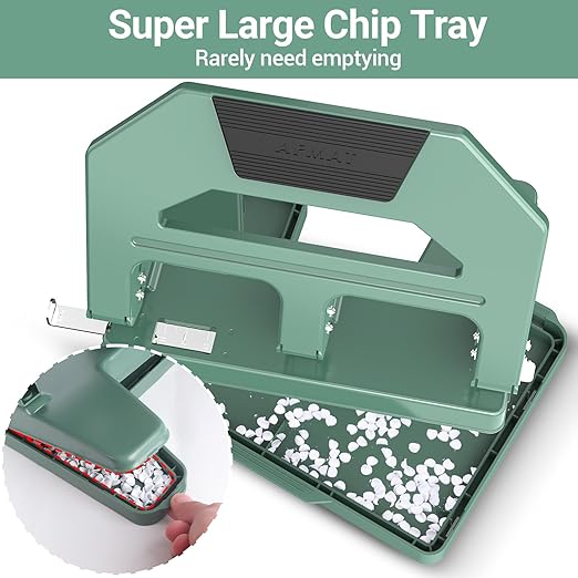 AFMAT Heavy Duty 3 Hole Puncher, 40-Sheet Three Hole Punch Heavy Duty, 50% Reduced Effort Paper Punch, 10K+ Uses, Metal Hole Puncher 3 Ring w/Large Tray, Bulit-in S.S. Paper Guide HPX2(Green)