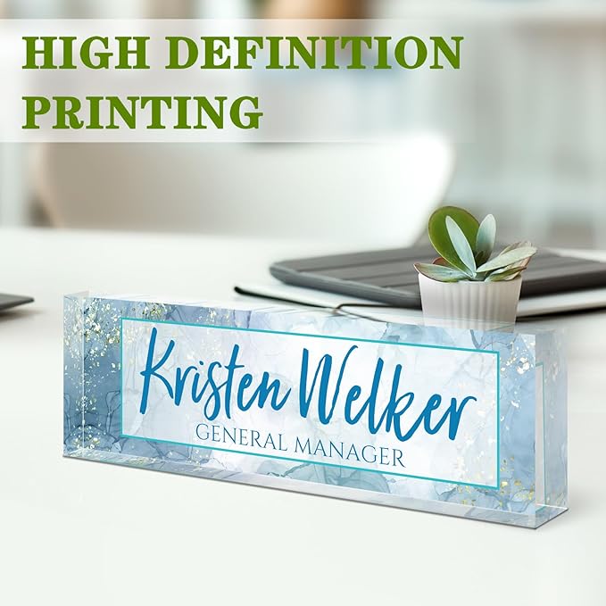 Name Plate for Desk, Desk Name Plate Personalized, Office Decor for Women Men, Acrylic Desktop Accessories, Office Appreciation Gifts for Boss Social Workers Nurse Teacher Employee (Blue Marble)