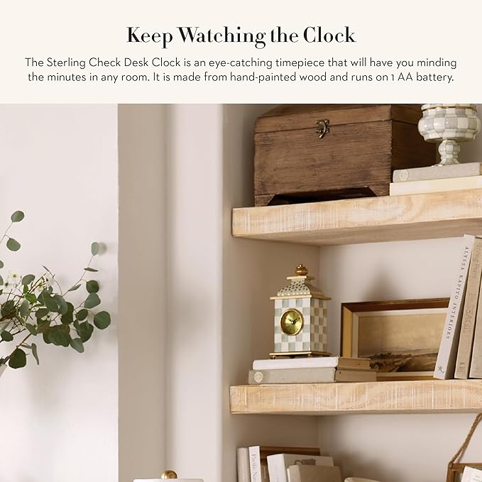 MACKENZIE-CHILDS Desk Clock, Decorative Living Room, Bedroom, or Office Desk Clock, Gray-and-White Sterling Check