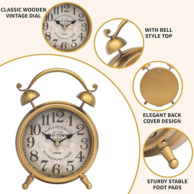 Antique Gold Table Clock for Living Room Decor, Rustic Farmhouse Desk and Shelf Clock, Silent Non-Ticking Mantel Clock for Bedroom, Living Room, Kitchen, Battery Operated