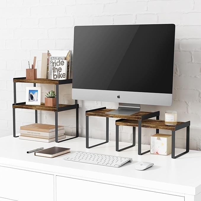 Kitchen Cabinet Organizers and Storage Shelves, Rustic Farmhouse Desk Shelf Riser for Cabinets, Black Expandable Corner Glasses Medicine Cabinet Organizer under Bathroom Sink - Set of 4