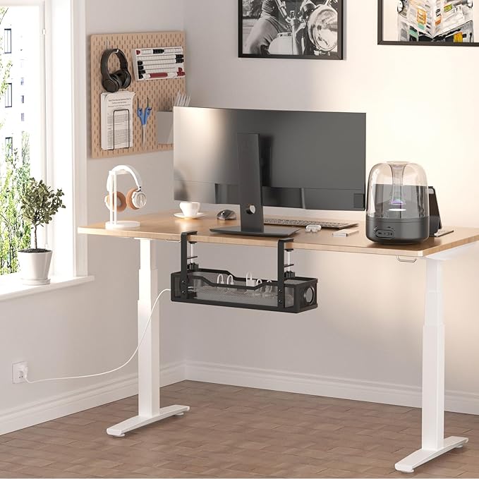 [Upgraded] Under Desk Cable Management Large, Cinati 16" Cable Management Box for Table Thickness up to 3", Wire Cord Organizer with Clamp No Drill, No Damage to Desk(Black)