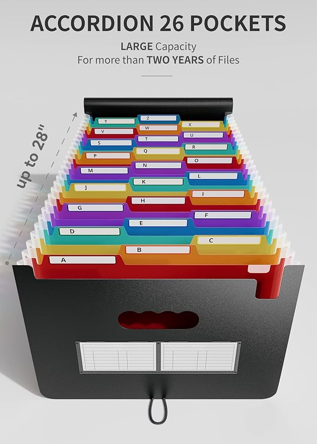 ABC life 26 Pockets File Organizer, Expanding File Folder A4 Letter Size, Portable Monthly Paper Bill Tax Receipt Organizer, Document Holder with Labels, A-Z Alphabetical Colored Tabs - Black