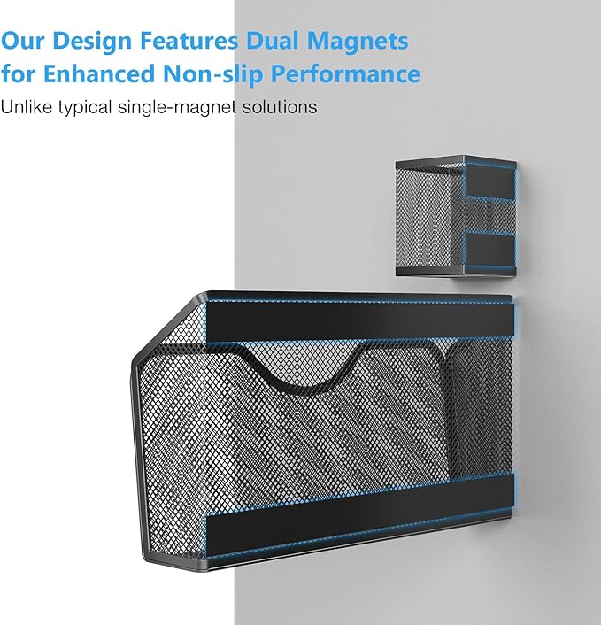 JANE EYRE Magnetic File Holder - 2pcs Hanging File Organizer Magazine Document Paper Holders with 2pcs Pen Holders for Classroom Cabinets Office,No Drilling(BLACK)
