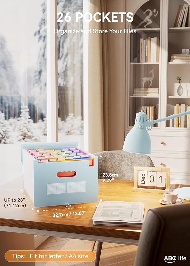 ABC life 26 Pockets Accordion File Organizer, Expanding File Folder, Portable Monthly Paper Bill Tax Receipt Organizer, Letter A4 Size Document Organizer with Blank Labels - Light Blue