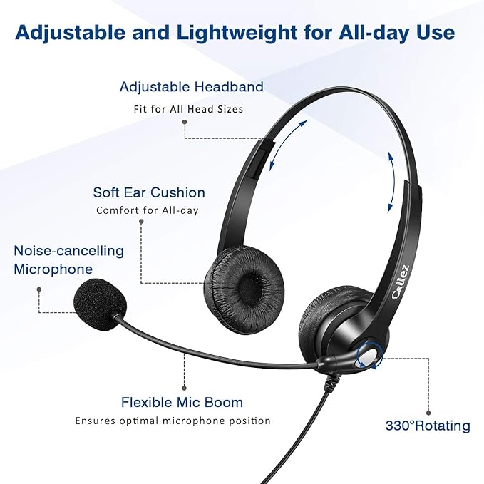 Callez USB Headset with Microphone Noise Cancelling & Audio Controls, Stereo Computer Headphones for Business Skype UC Lync Softphone Call Center Office, Clearer Voice, Super Light, Ultra Comfort