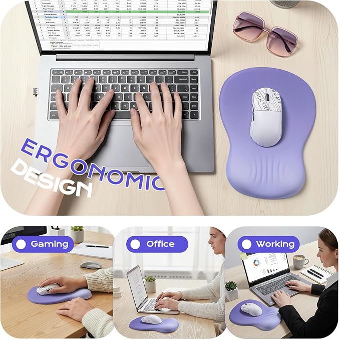 Ergonomic Mouse Pad with Wrist Rest - Purple Mousepad Wrist Support, Memory Foam with Massage Design Wrist Rest for Mouse
