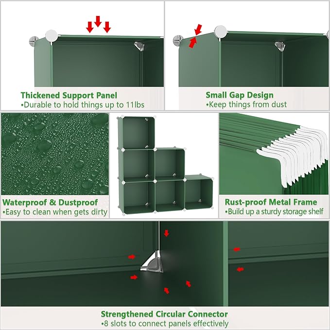C&AHOME 6-Cube Storage Organizer, Stackable Storage Cubes Shelves, Portable Bookshelf, Plastic Clothing Storage Closet Organizer, DIY Modular Shelving Units for Wardrobe, Home, Green