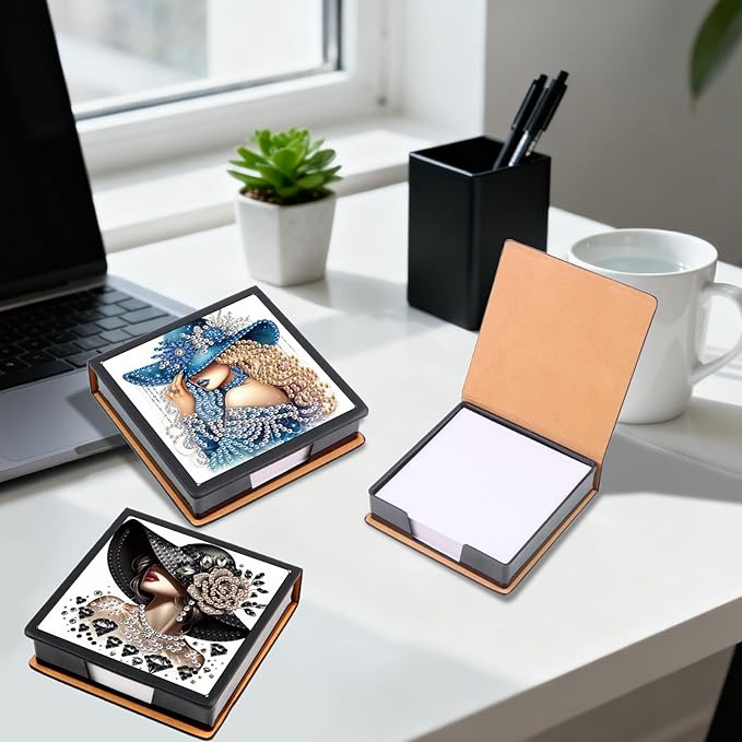 2 pcs Woman Diamond Painting Kit Note Box,Hat Memo Paper Storage Box Diamond Art,Sticky Note Holder Diamond Art,Diamond Painting Memo Pad For Office Desk. (Woman)