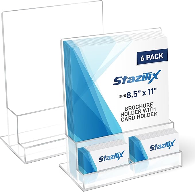 6 Pack Acrylic Brochure Holder 8.5x11 , Clear Brochure Display Stand with Acrylic And Business Card Holder, Plastic Flyer Display Stand for Magazine, Pamphlet, Booklets, Menu, Journals