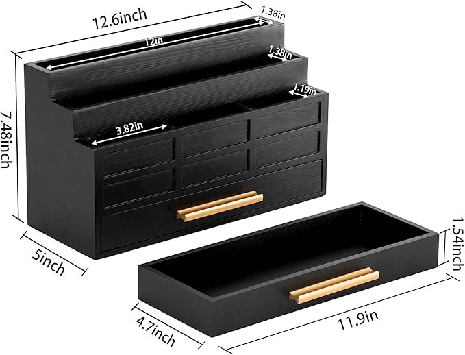 Black Wood Desk Organizer and Accessories with Drawer, Bill Mail Organizer and File Mail Holder for Office Supplies, Rustic Desk Accessories & Workspace Organizers for Desk Organization