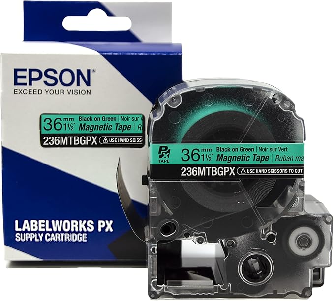 Epson LABELWORKS 236MTBGPX-4.9 Genuine Magnetic Tape Cartridge - Black on Green Magnet Label Maker Tape - 1.5" (36MM) Wide, 4.9 ft, Green