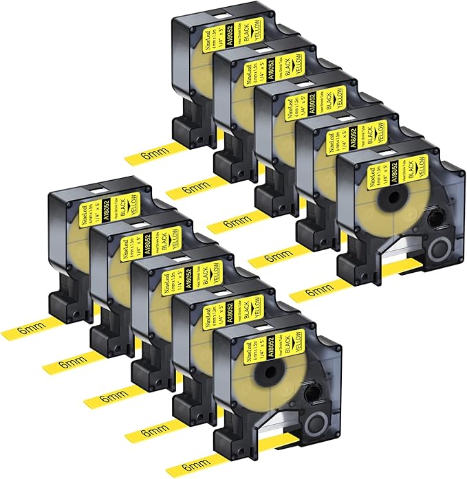 Nineleaf 10 Pack 6mm Heat Shrink Tube Compatible for DYMO Rhino 18052 1/4" Black on Yellow Industrial Wire Label Tapes for Rhino Pro 3000 4200 5000 5200 6000 3M Label Maker