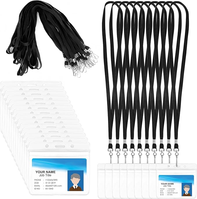 50 Pack ID Card Name Tag Badge Holders with Lanyards Black Lanyards with Clear Horizontal Waterproof Name Badge ID Card Holders for Office School Travel (Black)