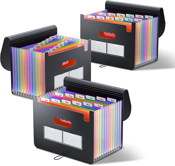 ThinkTex Accordion File Organizer, 12 Pockets Monthly Bill Receipt Organizer, Portable Expanding File Folders, Multi-Color Tabs, Letter/A4 Size - 3 Packs