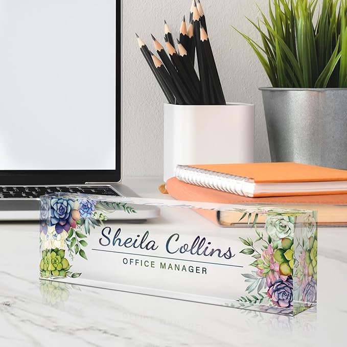 Custom Name Plate for Desk, Employee Appreciation Gifts, Acrylic Desk Name Plate Personalized, Office Desktop Accessories, Office Decor Gifts for Coworkers Boss Teacher (Succulents)