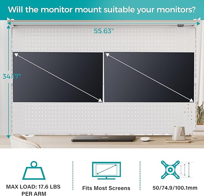 EUREKA ERGONOMIC Desk Pegboard with Dual Monitor Stands, LED Metal Pegboard for Gaming Desk, Privacy Panel with 4 Accessories Modular Hanging, Computer Accessories for Office, 59 x 34 Inch, White
