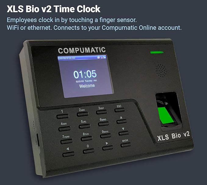 COMPUMATIC Biometric Fingerprint Time Clock with Online Cloud Hosted Software, Automatic Real-Time Punch Upload with WiFi or Wired Ethernet Connection