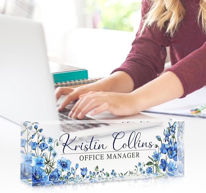 Custom Name Plate for Desk, Personalized Desk Name Plate on Clear Acrylic Glass, Appreciation Gifts for Teacher Employee Boss Coworkers Nurse, Office Desk Accessories for Women Men (Cerulean)