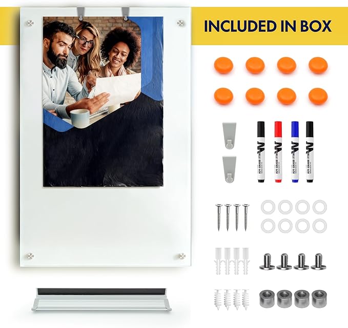 Magnetic Glass Dry Erase WhiteBoard: 36 x 24 Inches Wall Mounted, Extra Large Frameless Whiteboard for Office, Home & School, Includes 8 Magnets, 4 Markers, and 1 Eraser (Green, 36'' * 24'')