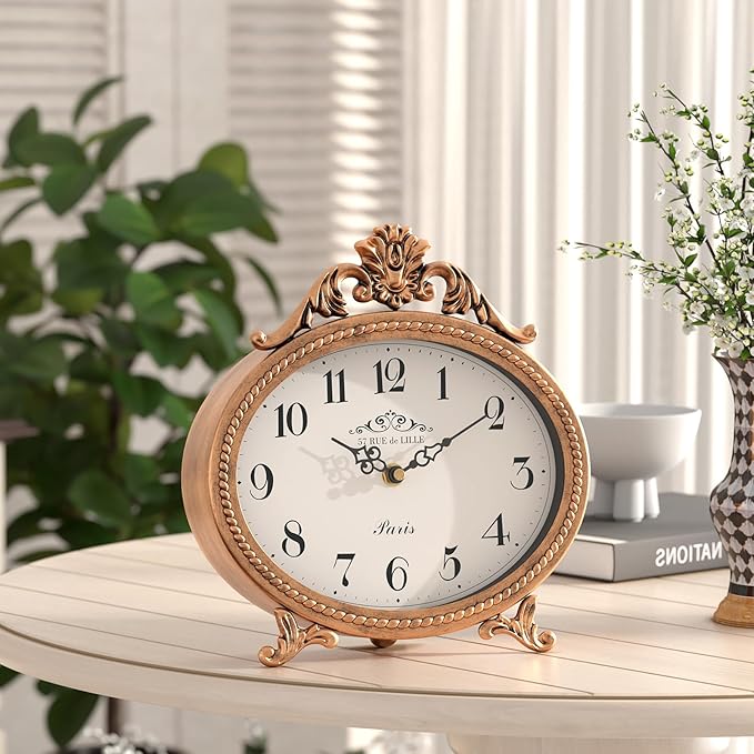 Abdurey Vintage Table Clock on Stand,Desk and Shelf Decorative Clock,French Rustic Style Mantel Clocks,Metal Frame Antique Gold Finish,Farmhouse,Bedroom, Bedside,Living Room,Gift Clocks
