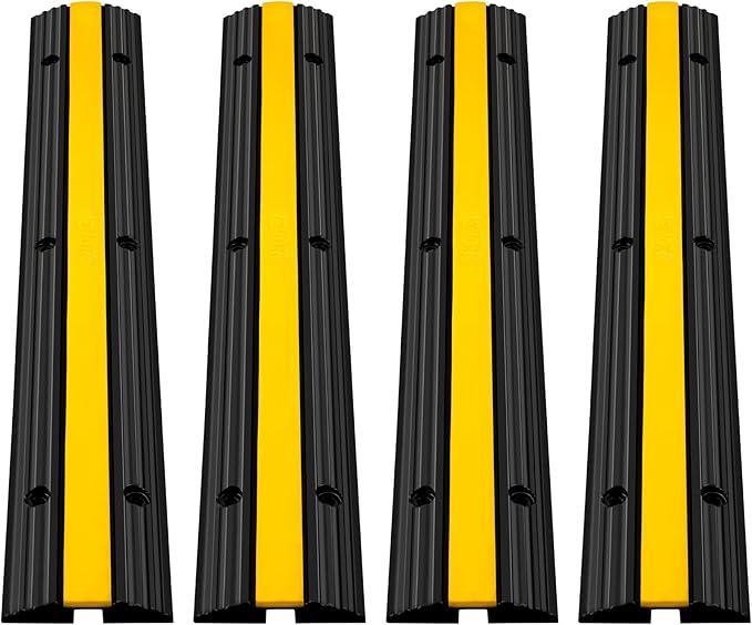 Happybuy 4 Pack of 1-Channel Rubber Cable Protector Ramps Heavy Duty 18000Lbs Load Capacity Cable Wire Cord Cover Ramp Speed Bump Driveway Hose Cable Ramp Protective Cover